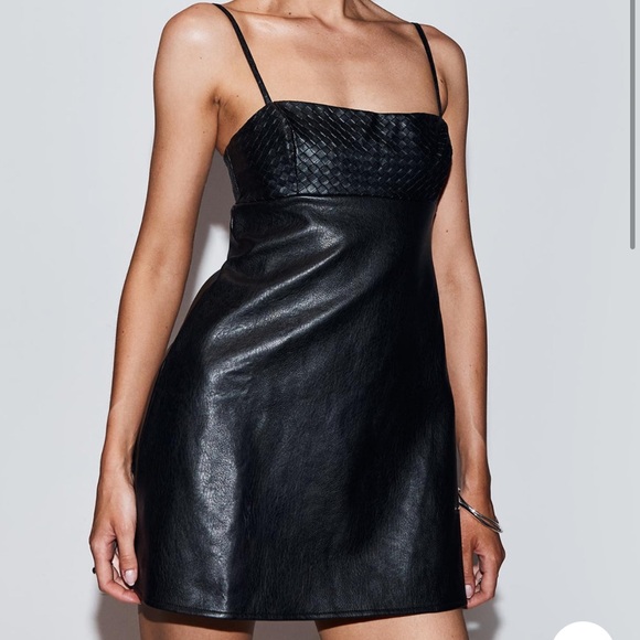 PRINCESS POLLY - Isak Woven Faux Leather Mini Dress Black - Picture 1 of 6